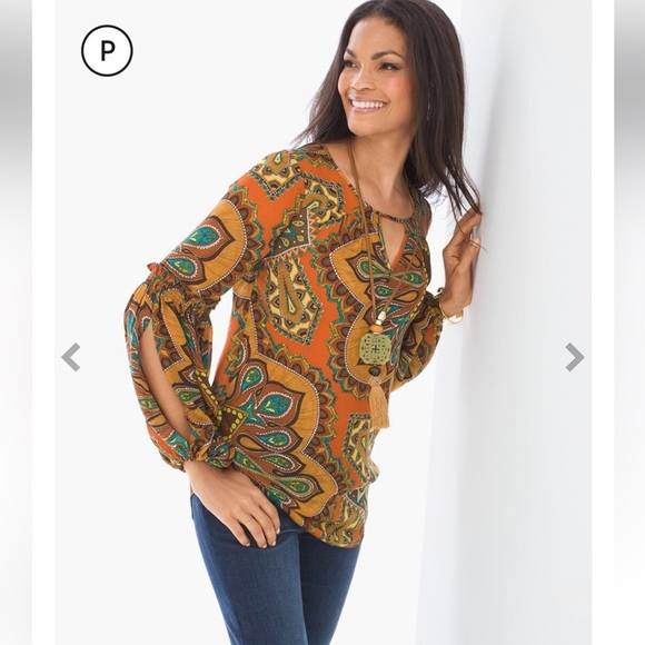 Chico's Womens Multicolor Paisley Blouse Sz 3/XL Medallion Print Bishop Sleeve - Picture 2 of 15